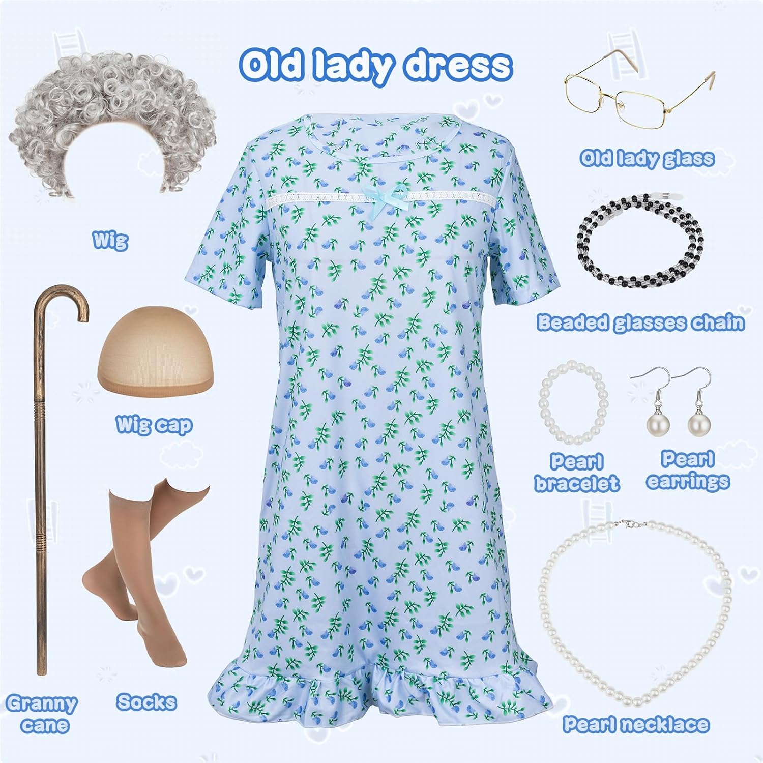 Old Lady Costume 10 Pcs Halloween Costumes for Women Adult Grandma Granny Nightgown Wig Accessories - Image 2