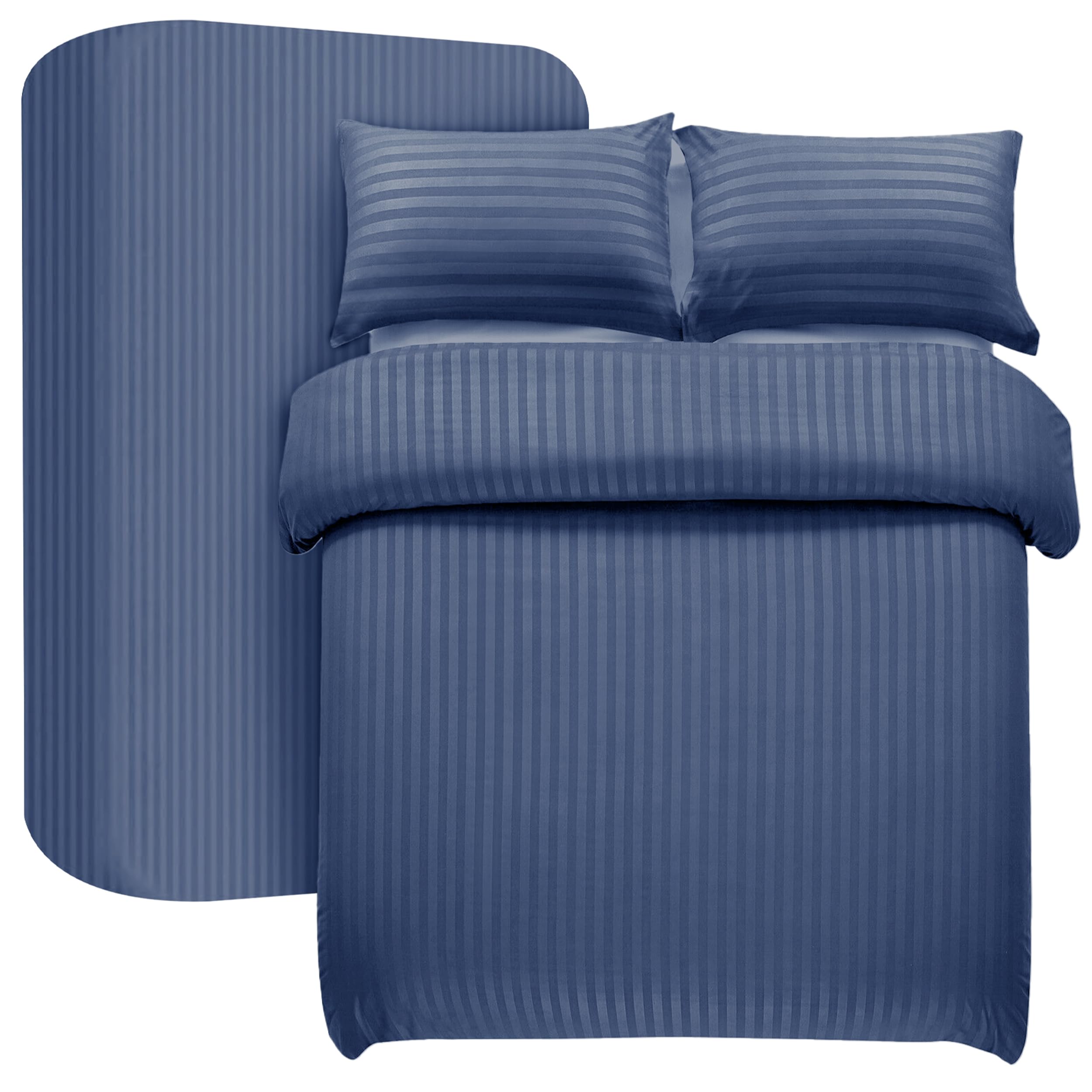 My home store Navy Double Duvet Cover Set 4 Pcs Satin Stripe Duvet Covers Soft Brushed Microfiber Bedding Set including Fitted Sheet 30 CM Deep & 2 Pillowcases