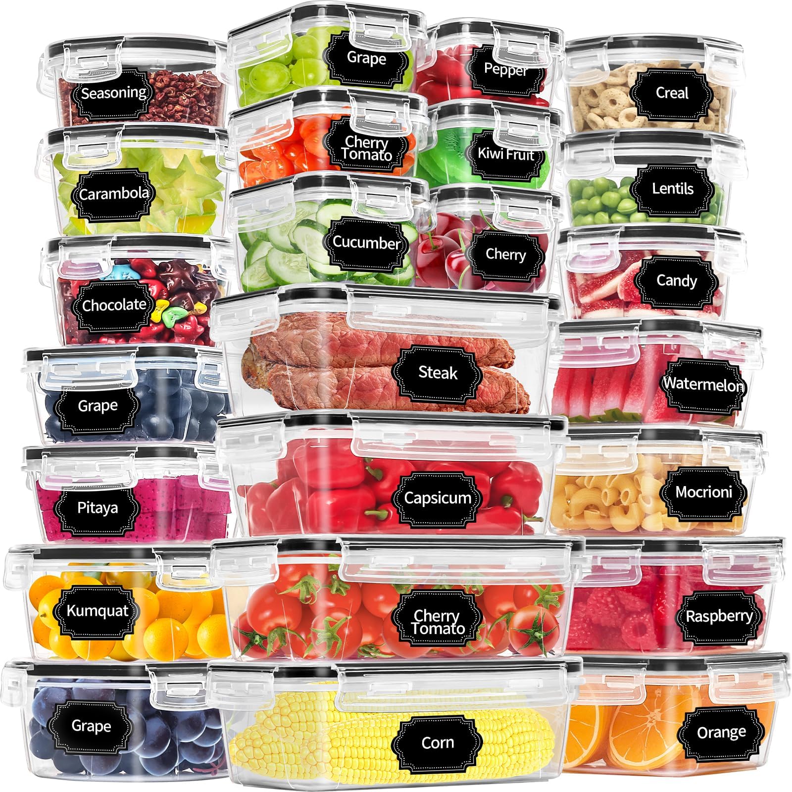 48 Pack Food Storage Containers with Airtight Lids (24 Containers & 24 Lids), Kitchen storage containers for Pantry Organizers and Storage, Meal Prep Container with Labels & Marker
