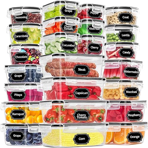 48 Pack Food Storage Containers with Airtight Lids (24 Containers & 24 Lids), PRAKI Kitchen storage containers for Pantry Organizers and Storage, Meal Prep Container with Labels & Marker
