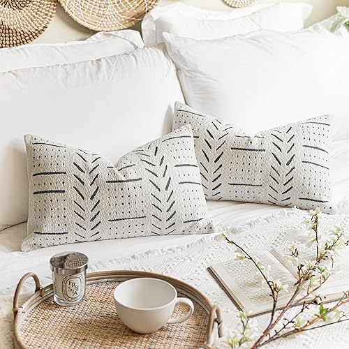 BlissBlush Juego de 2 fundas decorativas de cojín lumbar de color blanco y negro de 12 x 20 pulgadas, fundas de cojín rectangulares de estilo