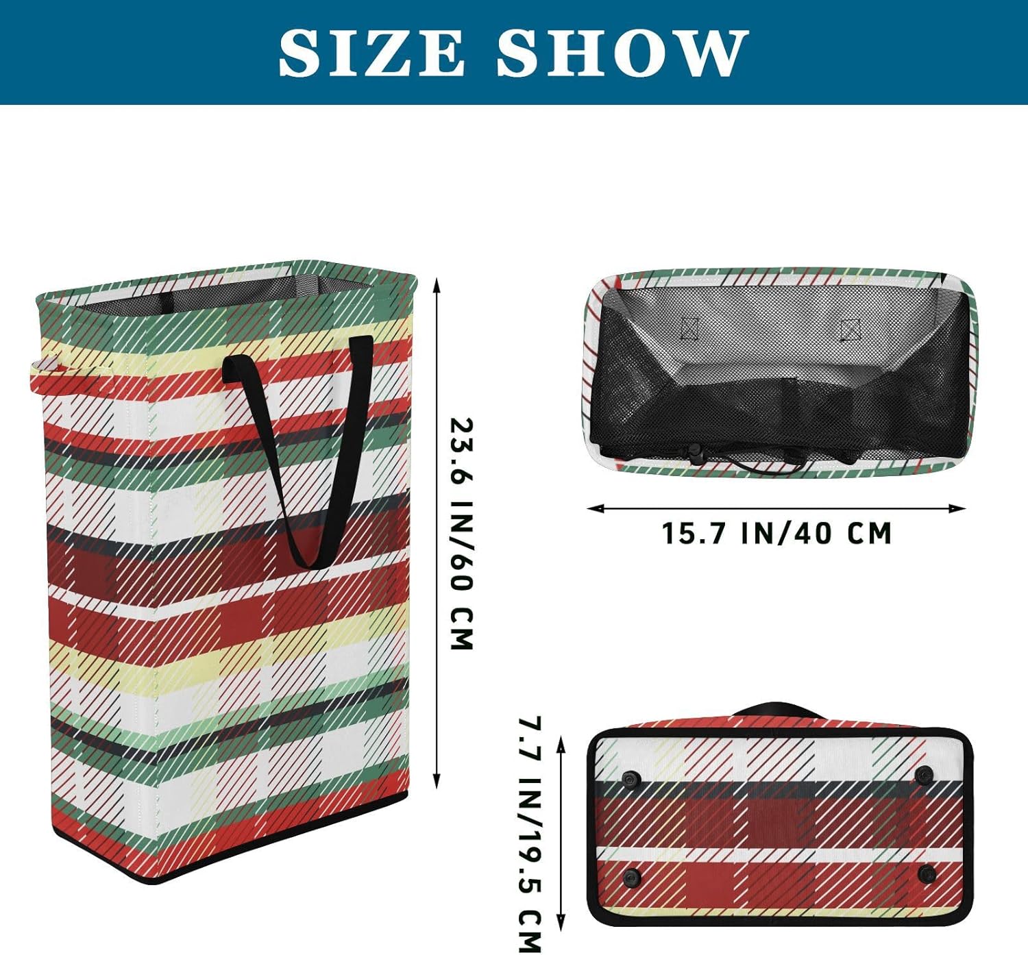 Merry Christmas Red and Green Plaid Narrow Hamper with Handles Slim Laundry Basket Waterproof Teen Dirty Clothes Hamper for Bathroom cesta de ropa