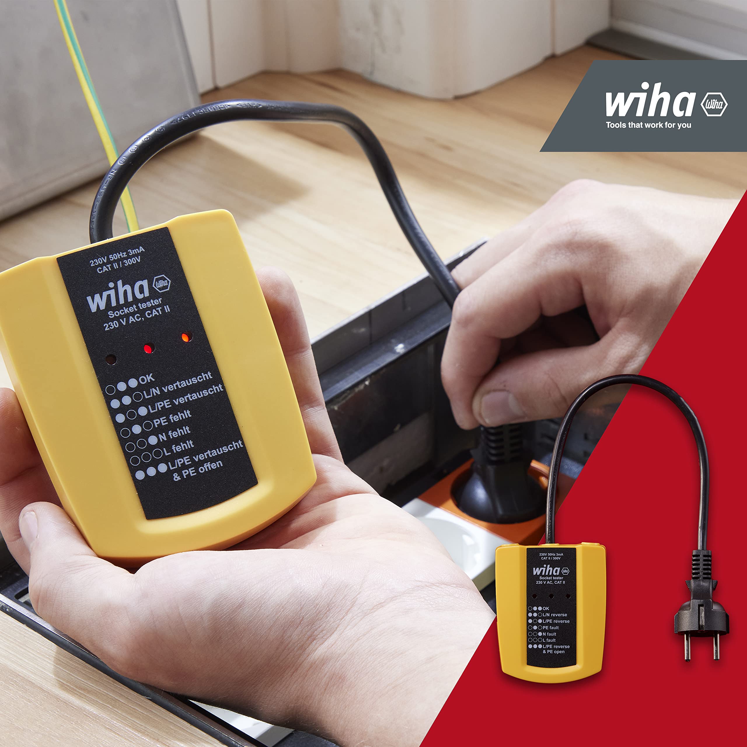 Wiha Tester per prese 230 V AC, CAT II con 2 batterie AAA I con cavo flessibile, indicatore LED (45220)