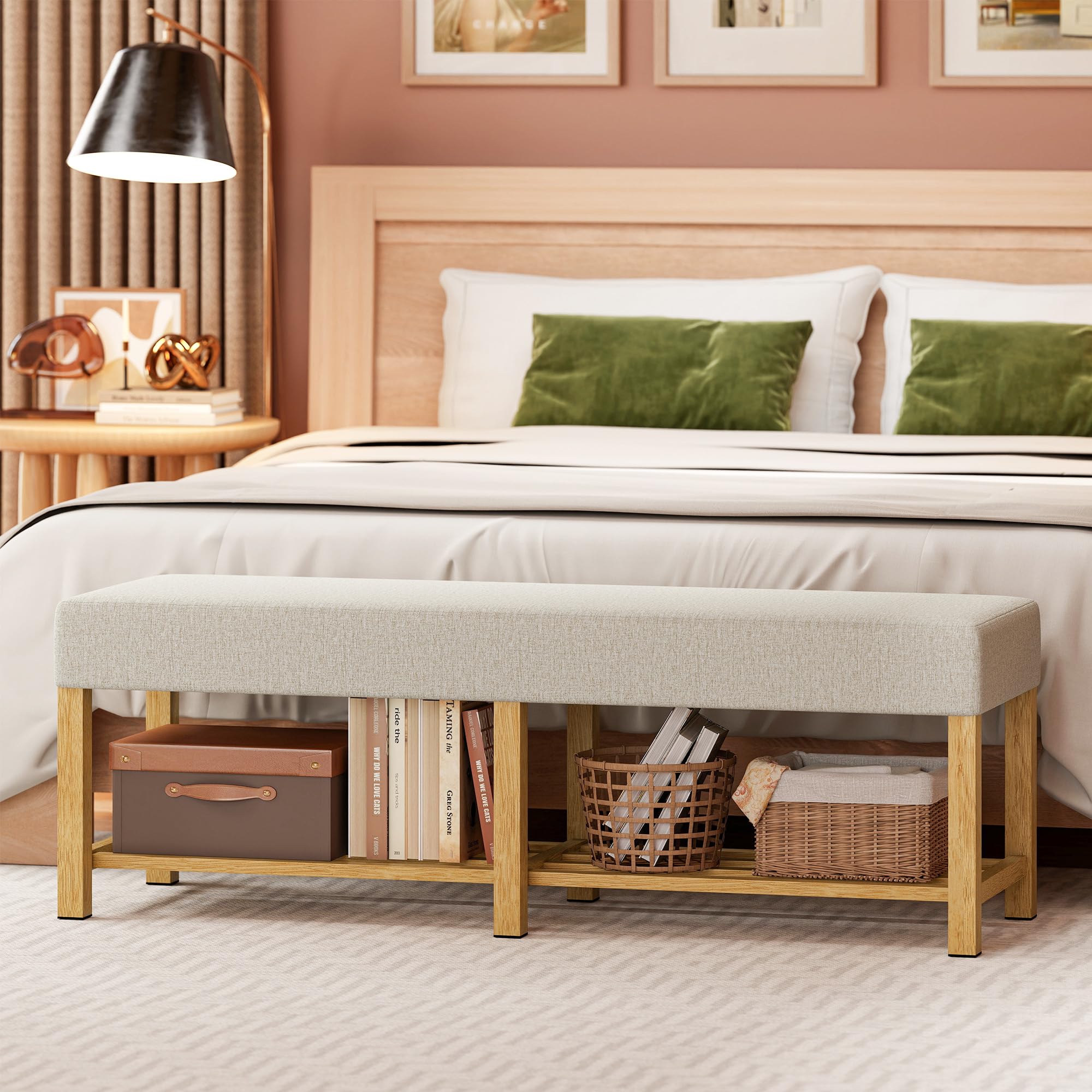 HOMCOM Banco Zapatero Banco Recibidor 140x44x48 cm Crema y Madera Natural | Asiento Acolchado para 2 Personas, Estante Abierto, Marco de Madera, para Entrada Pasillo Salón