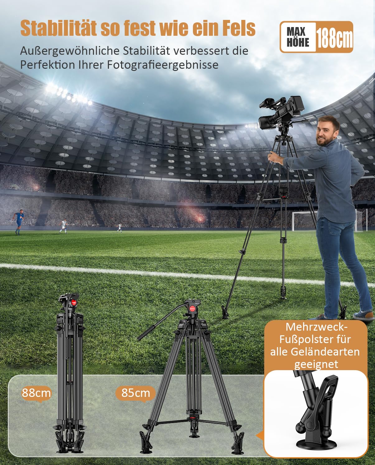 CAMBOFOTO Statyw wideo z płynną głowicą 360°, 188 cm, profesjonalny aluminiowy statyw do dużych obciążeń do aparatu Canon Nikon (waga 4,1 kg, maksymalne obciążenie 9 kg)
