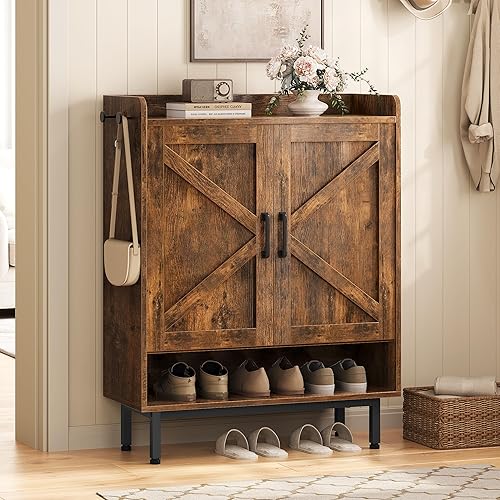 Yaheetech Shoe Storage Cabinet with Doors, Farmhouse Shoe Cabinet with 2 Adjustable Shelves and 4 Side Hooks, Wooden Shoe Rack Organizer Cabinet for Entryway, Foyer, Hallway, Rustic Brown