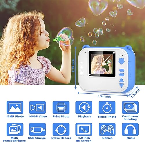 Miniatura 2 de Cámara instantánea para niños de 3 a 12 años de edad, niños y niñas, regalos de Navidad y cumpleaños, pantalla de 2.0 pulgadas, cámara de video HD
