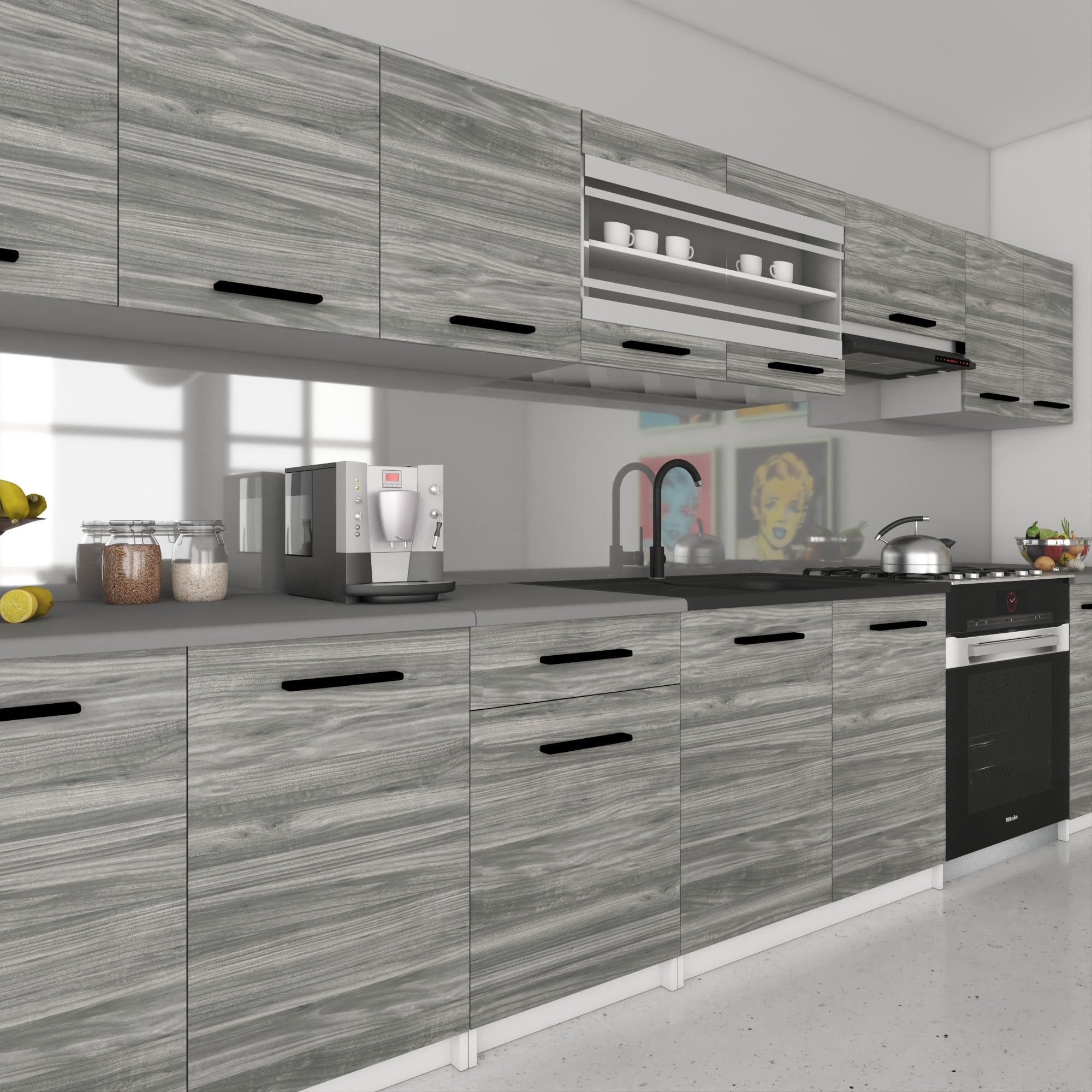 Belini Italia 3 Liniowa szafka kuchenna 320cm Szary Glamour | ECONATURA DECOR Liniowa szafka kuchenna, szafka, bez sprzętu AGD, z blatem roboczym