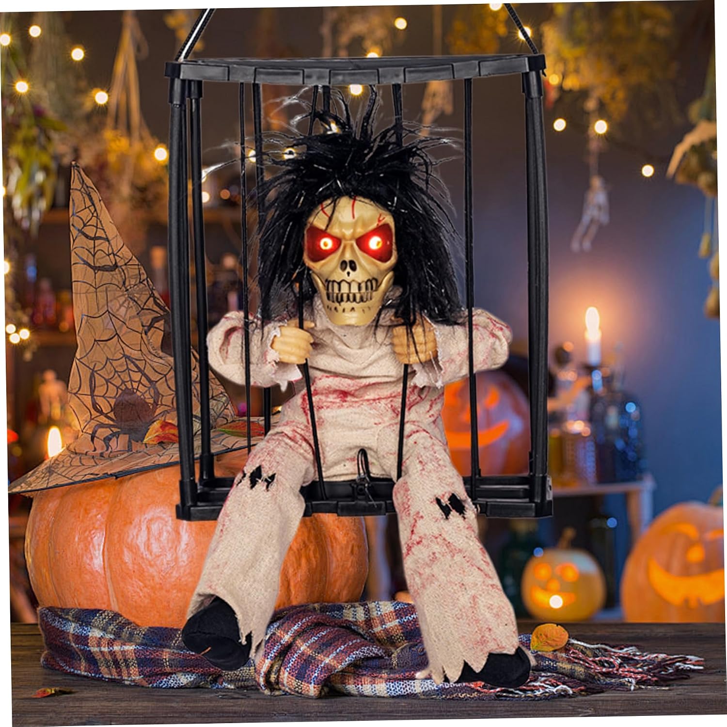 Halloween Animatronics Hanging Light-up Eyes Sounded Hanging Skull Cage Prisoner with Motion Sensor Activated, Animated Skeleton Decorations for Party Haunted House Yard Lawn image 5