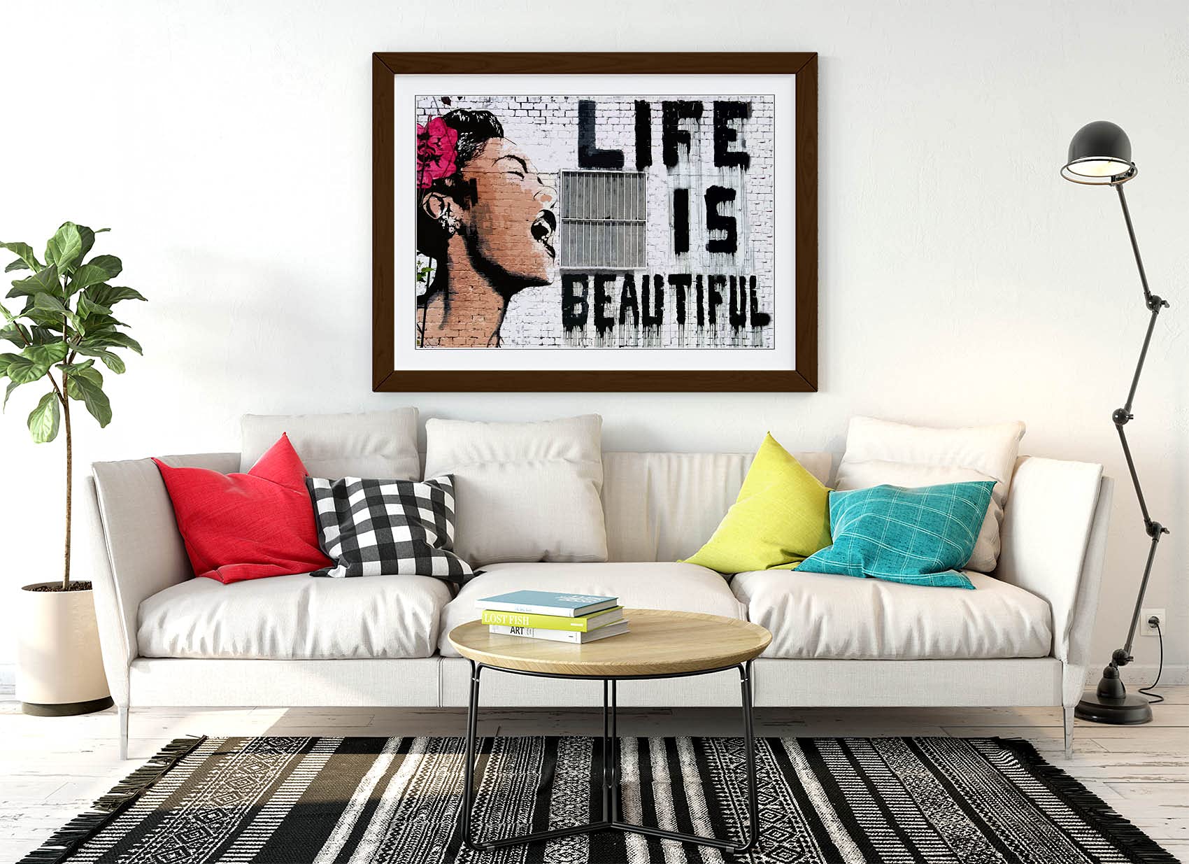 Canvasartshop Walnut - Banksy Life Is Beautiful Graffiti- Premium Wall Art Framed Picture Prints - 3 Colours - 4 Sizes (, A1)