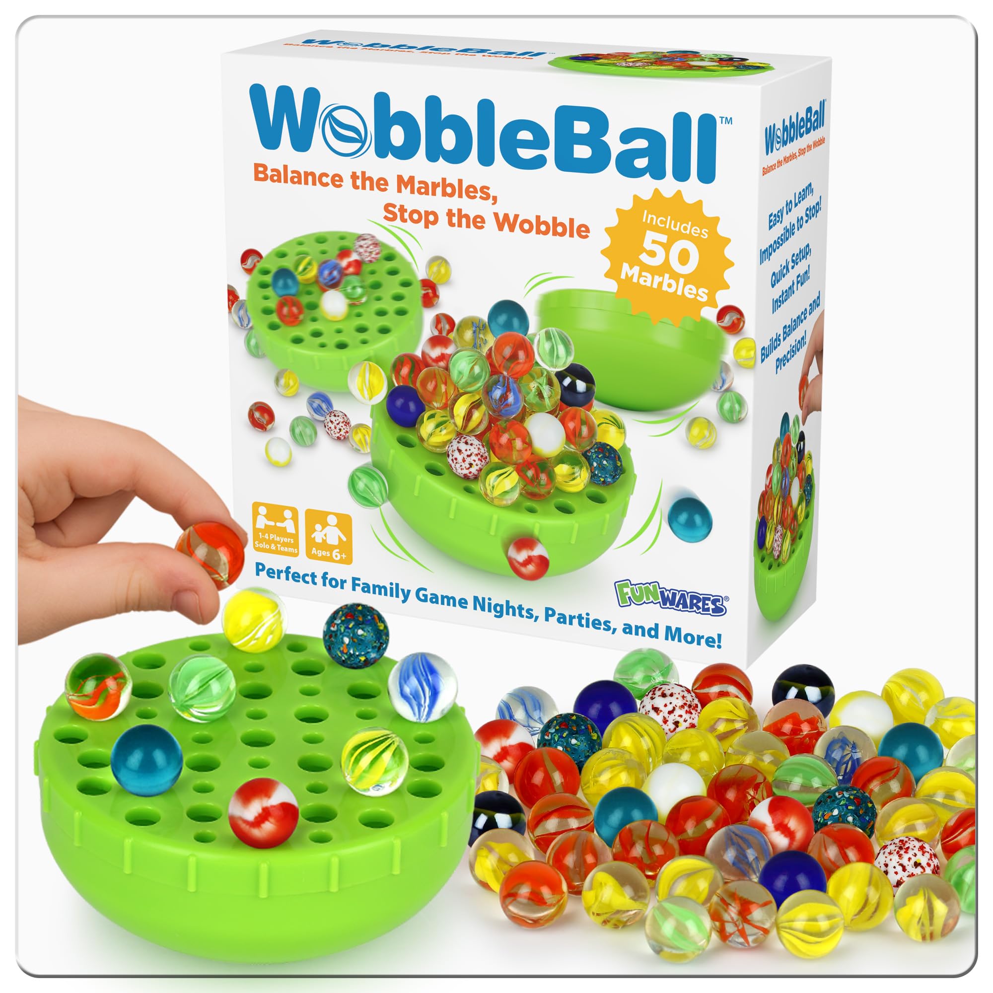 Funwares WobbleBall Marble Balancing Game - 50 Colorful Marbles Stored Inside for Easy Cleanup, Exciting Family Challenge for Kids & Adults, Fun Party Game, 1-4 Players, Perfect Holiday, Birthday Gift
