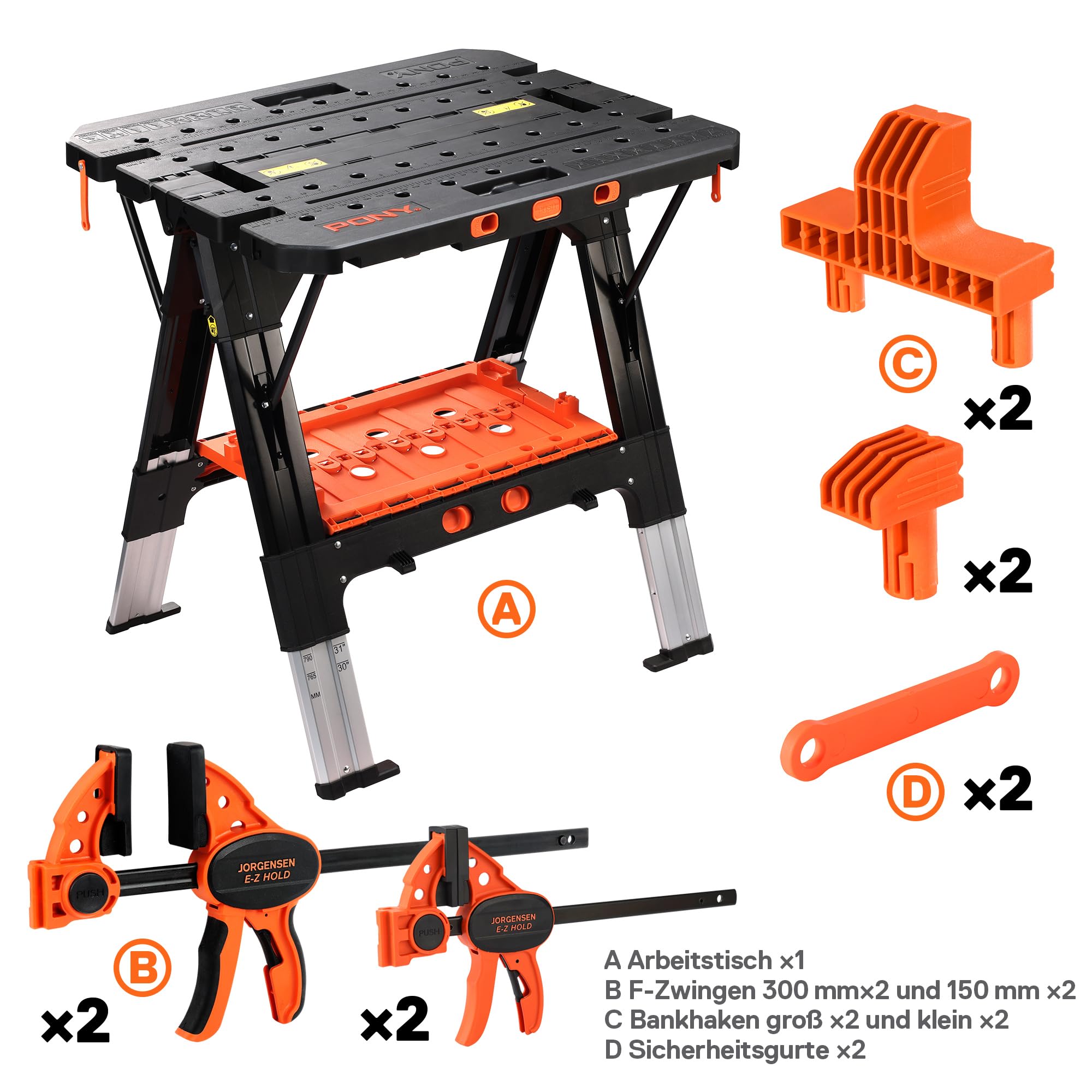 Pony 2 in 1 Werkbank klappbar bis 454kg belastbar, klappbare Sägebock mit ausziehbaren Aluminiumbeinen, Arbeitsbock mit 4 Schraubzwingen 150/300mm & 4 Stöcken, 79 x 63,5 x 89 cm