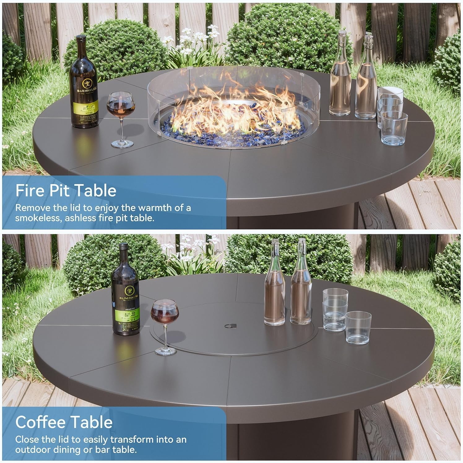 ASMJR 7 Piece Metal Outdoor Patio Furniture Set with 48" Round Propane Fire Pit, Outdoor Dining Table Set with 6 Swivel Chairs and 55000 BTU Outdoor Fire Pit, Grey