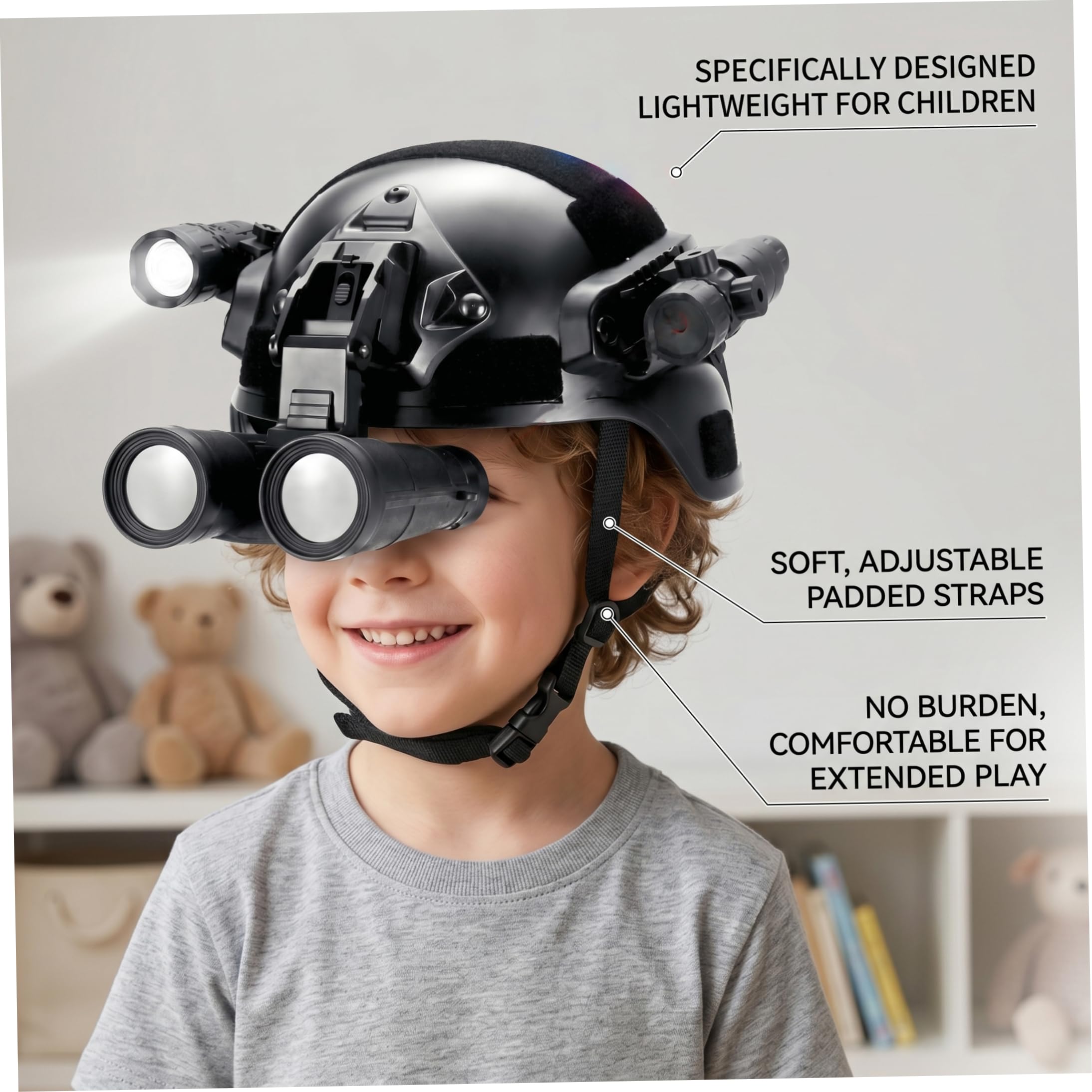 Casco balistico, Casco Leggero per Bambini con telescopio e Torcia Set Completo Airsoft e Costume Militare Cosplay con Guide modulari, Nero
