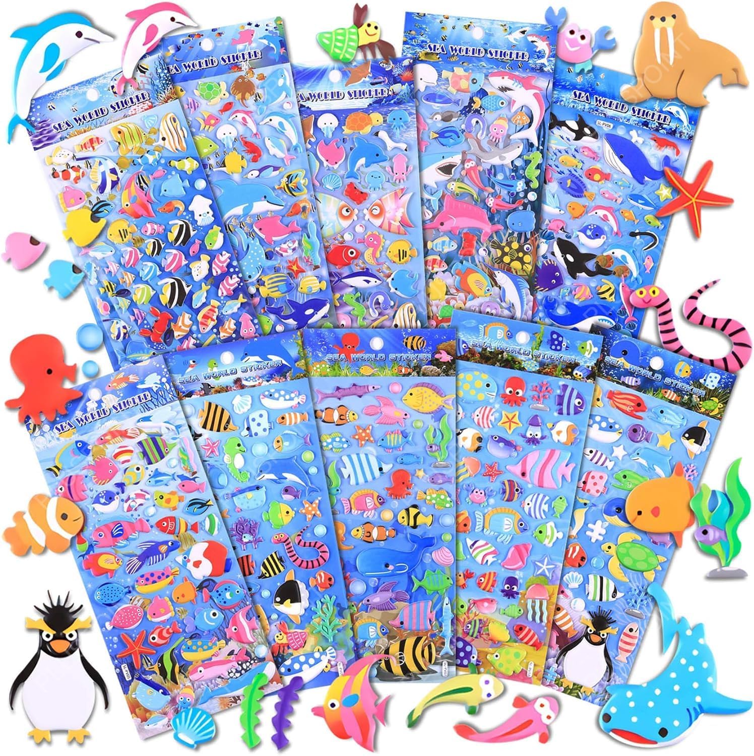 PLUSPOINT 3D Puffy Stickers 500+ Ocean Animal 10 Different Sheets, 3D Puffy Sticker for Kids, Bulk Scrapbooking, Stickers for Boys Girls Teachers Birthday Return Gift, Party Supplies, Reward
