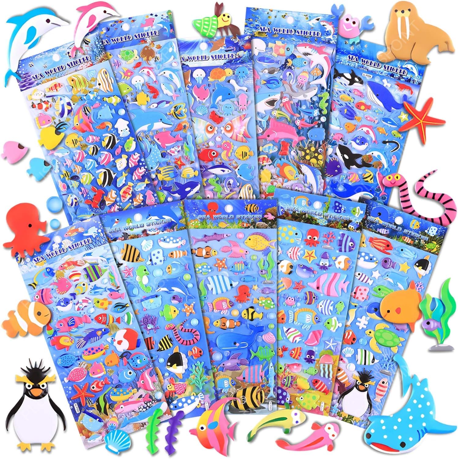 PLUSPOINT 3D Puffy Stickers 500+ Ocean Animal 10 Different Sheets, 3D Puffy Sticker for Kids, Bulk Scrapbooking, Stickers for Boys Girls Teachers Birthday Return Gift, Party Supplies, Reward