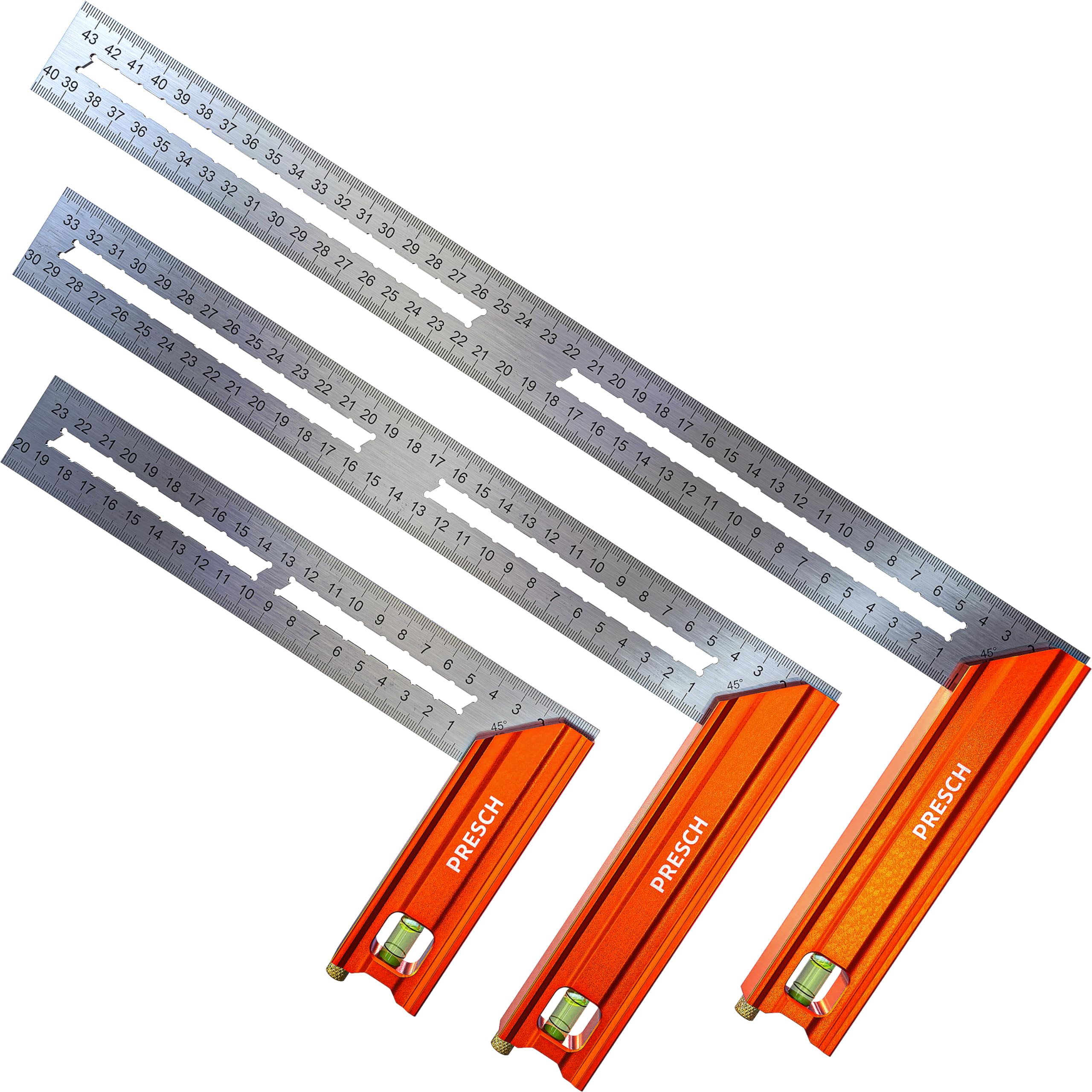 Presch Try Square Set | 200mm, 300mm & 400mm | All-in-One Compact Set | Includes rust-free marking gauge (20cm, 30cm & 40cm), level & scribing needle | 90° & 45° | Carpenters Squares, Square Tool-image-41