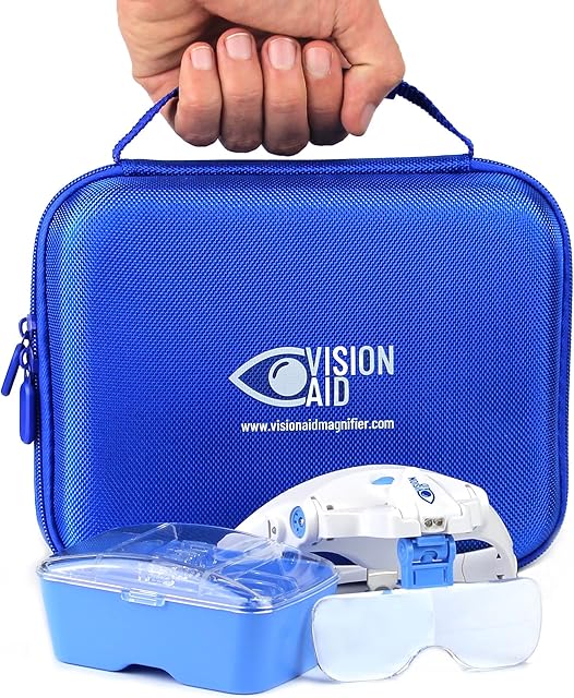 Vision Aid Magnifying Glasses with LED Light 5 Lenses Headband Case Hands Free Lighted Head Magnifier Spectacles for Hobby Crafts Macular Degeneration Painting Close Work - Upgraded