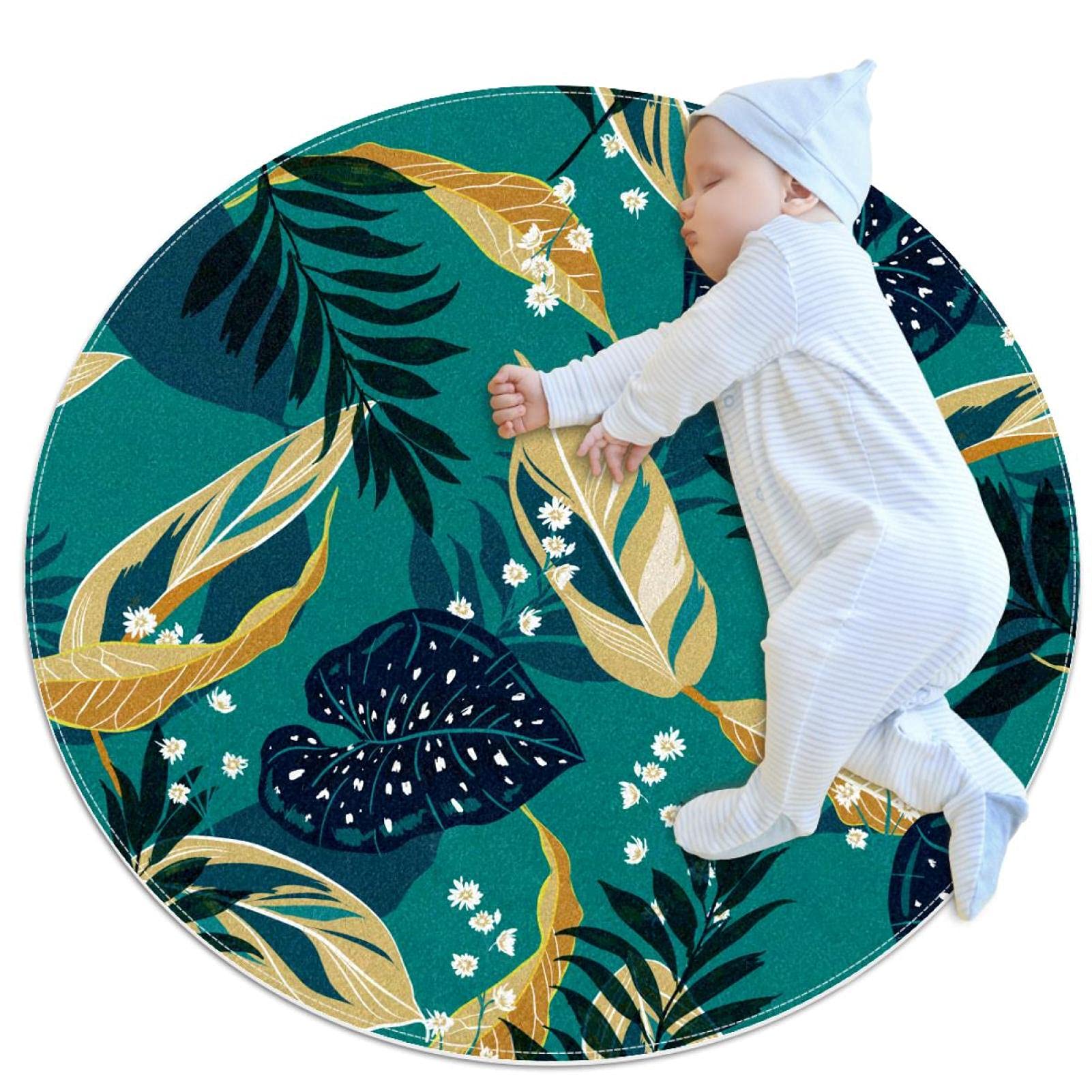 Tapis de bain rond de 1m motif plantes exotiques vertes antidérapant