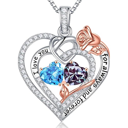 Iefil Rose Heart Necklace Gifts for Wife Women - 925 Sterling Silver Double Birthstone Necklace, Anniversary Birthday Gifts for Women, Jewelry Gift for Wife Girlfriend Mom Her