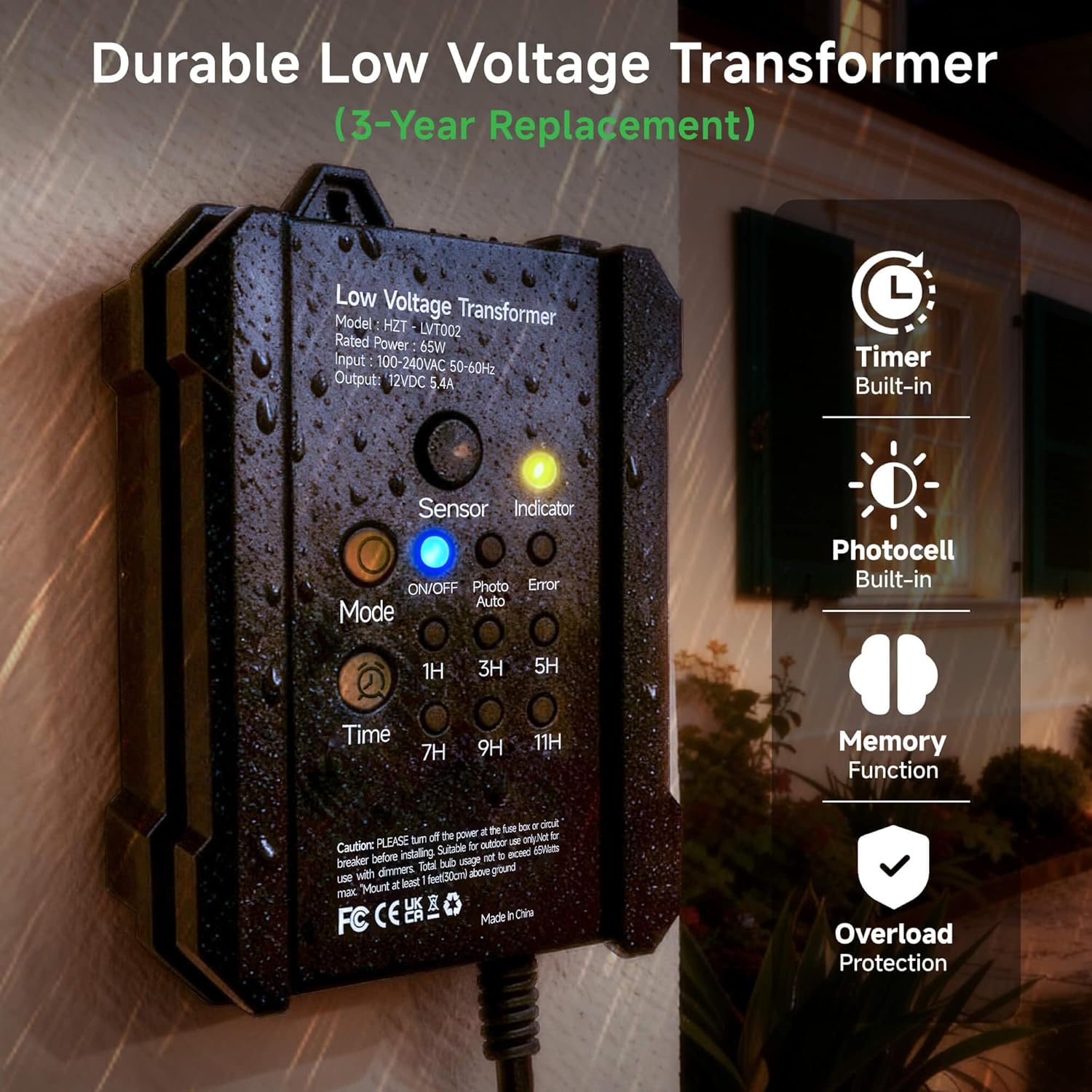 Low Voltage Transformer with Photocell & Timer, 65W Landscape Lighting, Heavy Duty IP65 Waterproof 12V DC Power Pack for Outdoor LED Lights Garden Yard Pathway