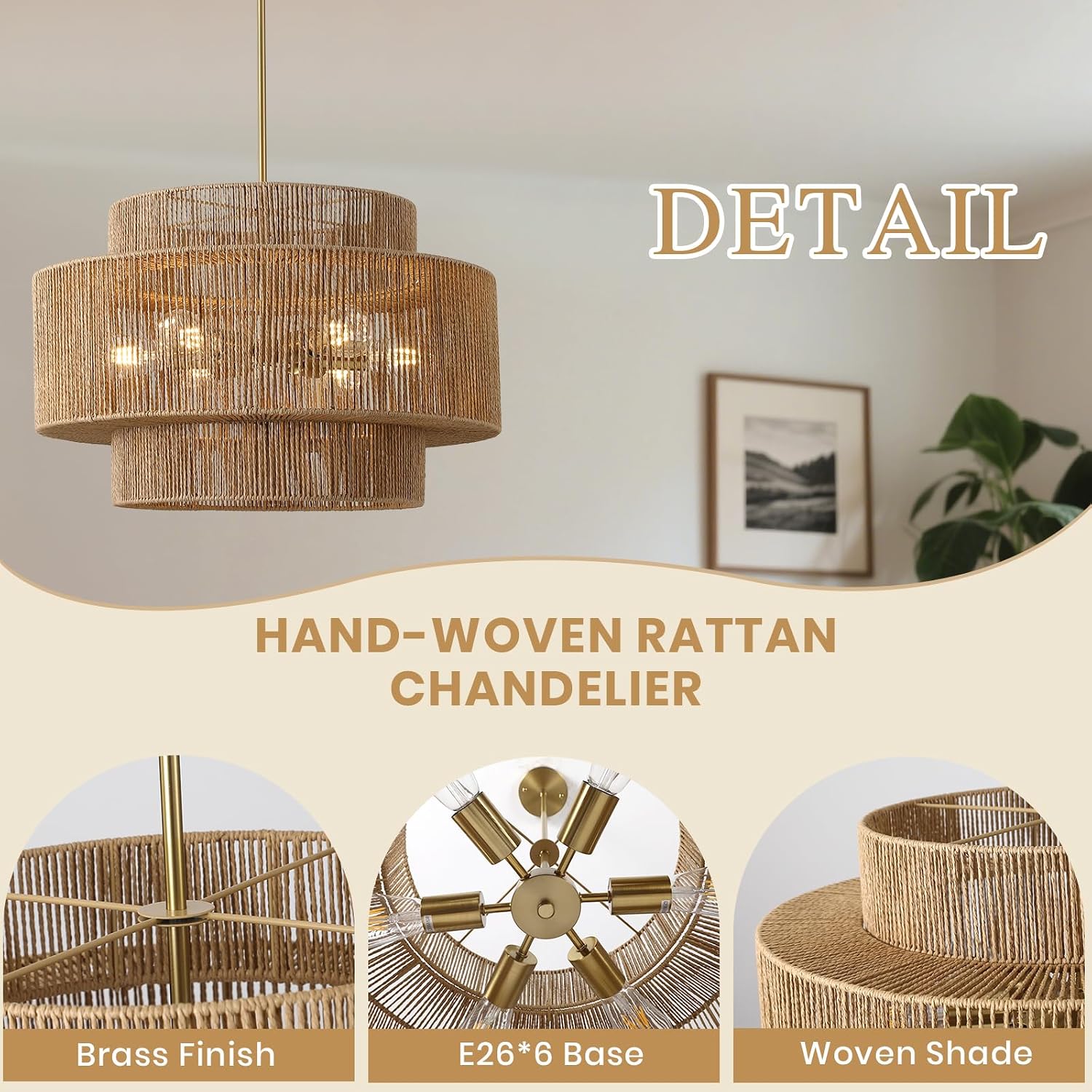 24"Large Boho Rattan Farmhouse Chandeliers for Dining Room,6-Light Hand Woven Pendant Light Fixture, 3-Tier Rustic Wicker Drum Chandeliers for Living Room, Kitchen Island, Entryway,Hallway, Foyer