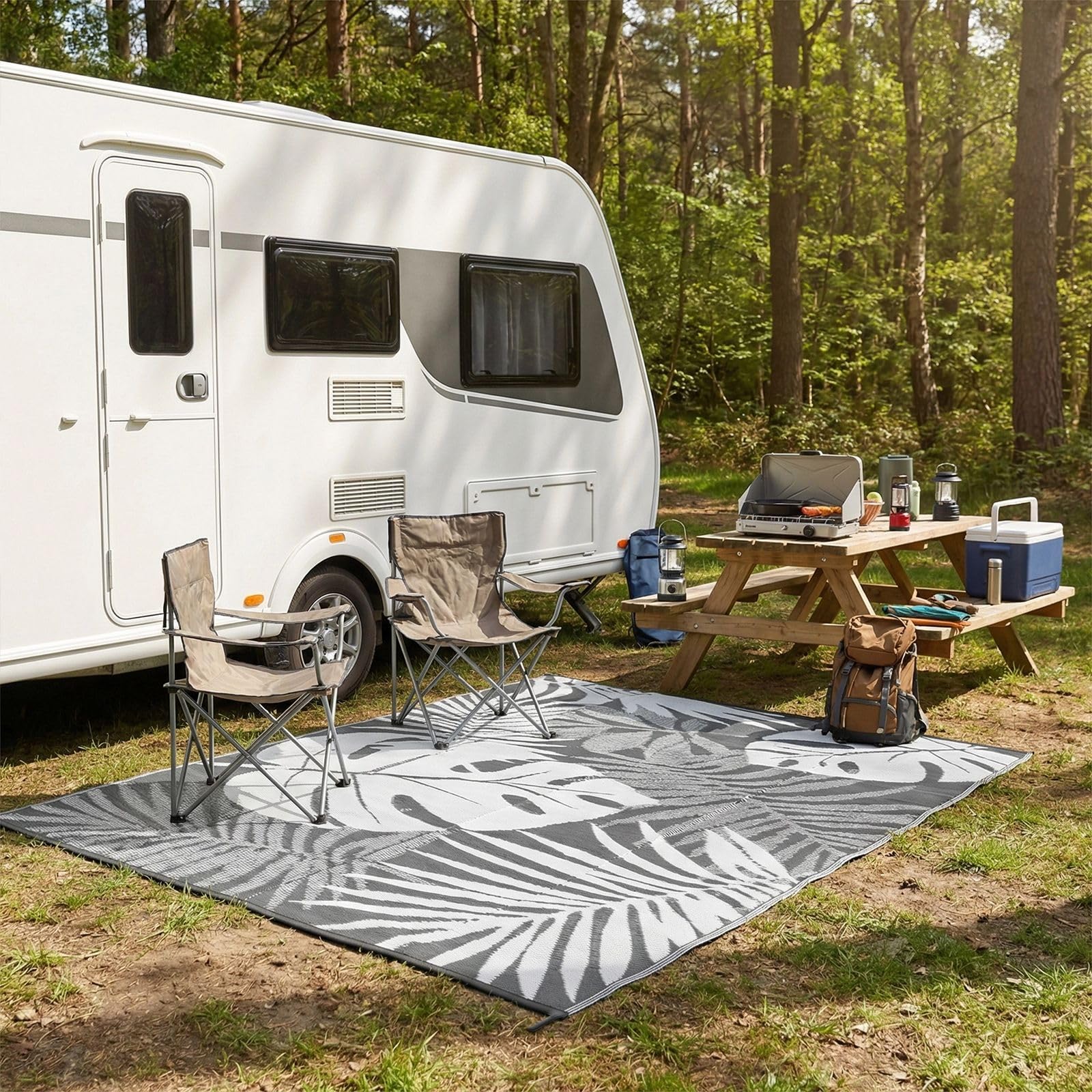 Hiseng Tapis d'extérieur Imperméable Terrasse Balcon, Monstera Grise Tapis de Sol Réversible en Plastique Résistant aux Intempéries aux UV pour Jardin, Camping, Pique-Nique (Grise,183x274cm)