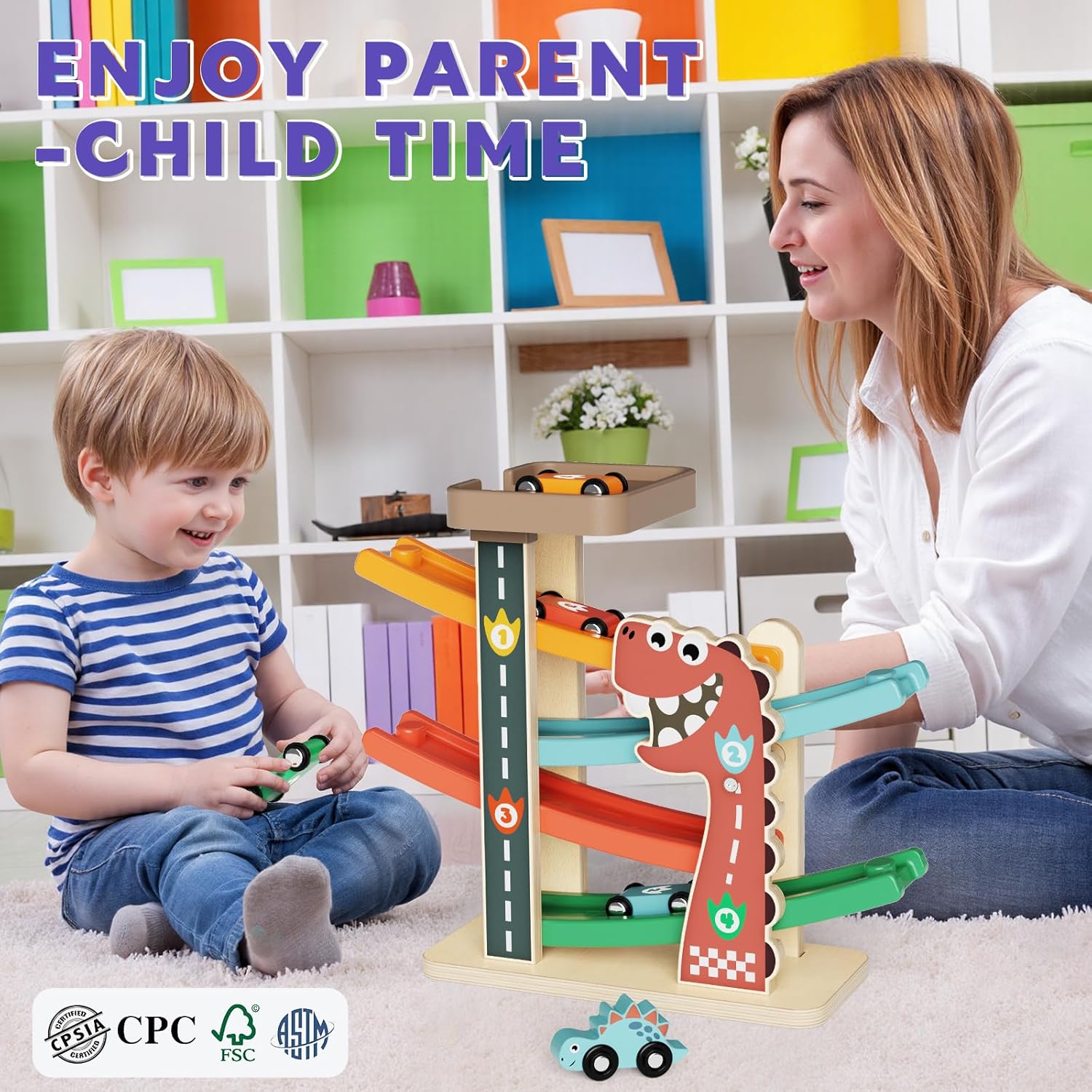 Wooden Car Ramp Toy for Toddlers 1-3, Montessori Toy with 6 Cars (Dinosaur & Racing), 4-Level Car Ramp Race Track, Toddler Toy & 1 Year Old Birthday Gift