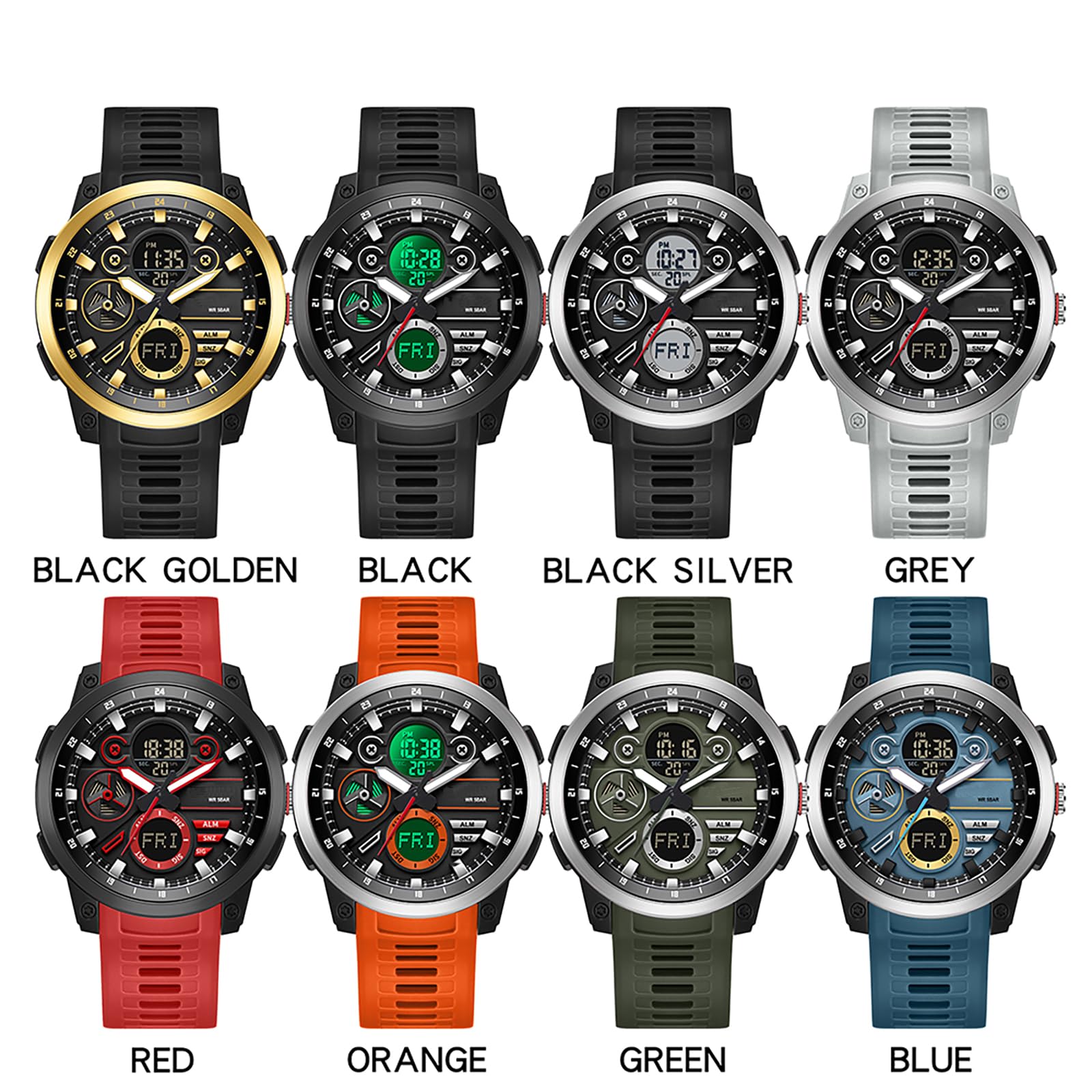 findtime Montre numérique étanche pour homme avec double fuseau horaire, alarme, chronomètre, analogique et numérique, pour garçons et adolescents