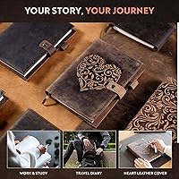 Vista 5 de moonster Refillable Leather Journal Embossed Heart Shape Cover Design Journals with Pen – Milled A5 Leather Journal Lined Paper - Journals for Women