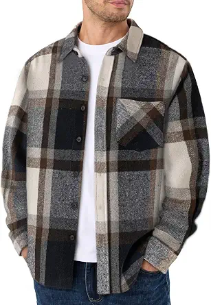 Ntrlv Flannel Shirt Men Long Sleeve Button Down Shirt Jacket Plaid Pocket