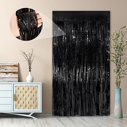 Miniatura 7 de Black Fringe Curtain Party Streamers 2Pack 3.3x8.3 Ft Foil Fringe Backdrop Curtains for Birthday Wedding Bridal Baby Shower Halloween Decor Tinsel