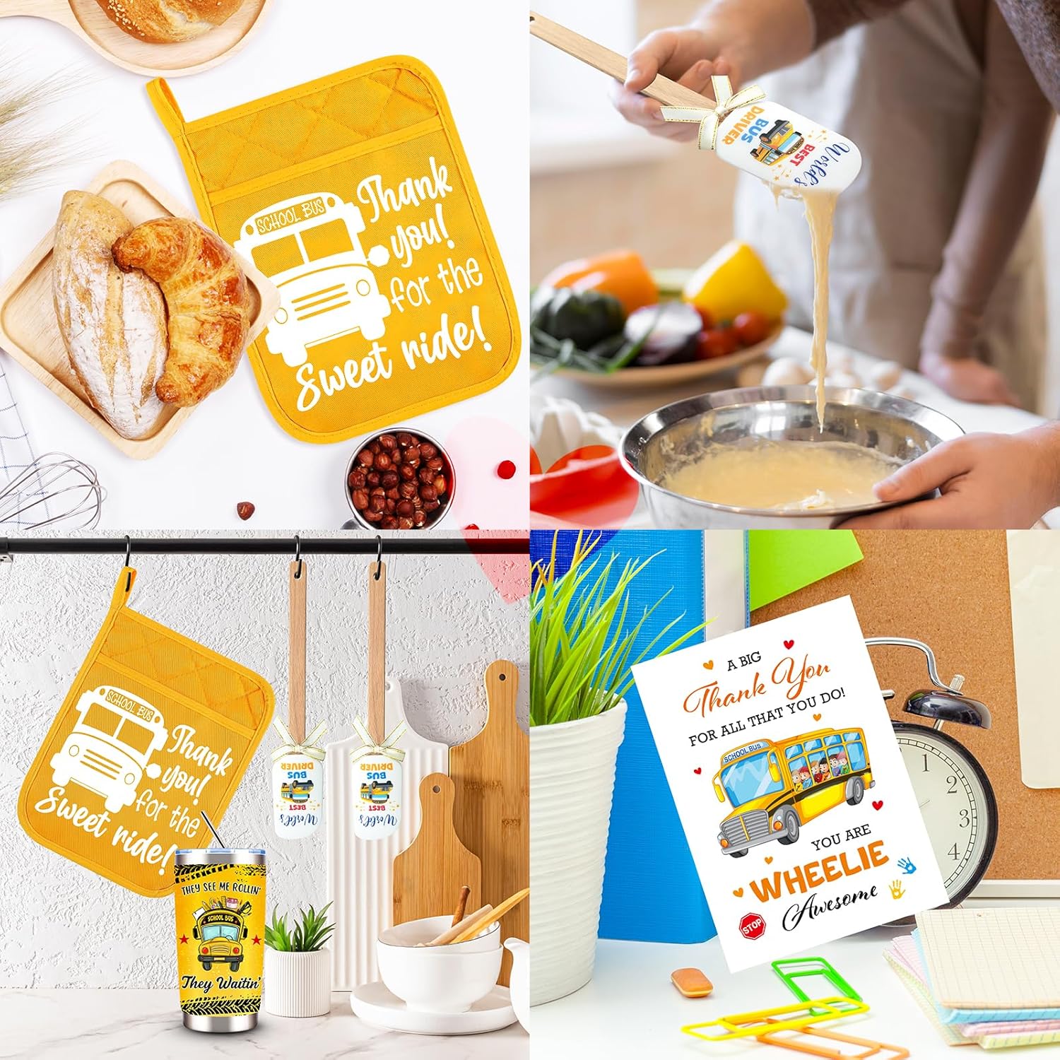 9 Pcs School Bus Driver Appreciation Gifts for Men Women, Back to School Gift with 20 Oz Tumbler Socks Bus Driver Pot Holder 2 Silicone Spatula Acrylic Heart Decor, Thank You Gifts for Bus Driver - Image 6