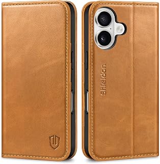 SHIELDON Genuine Leather Wallet Case for iPhone 17 6.3", Retro Light Brown