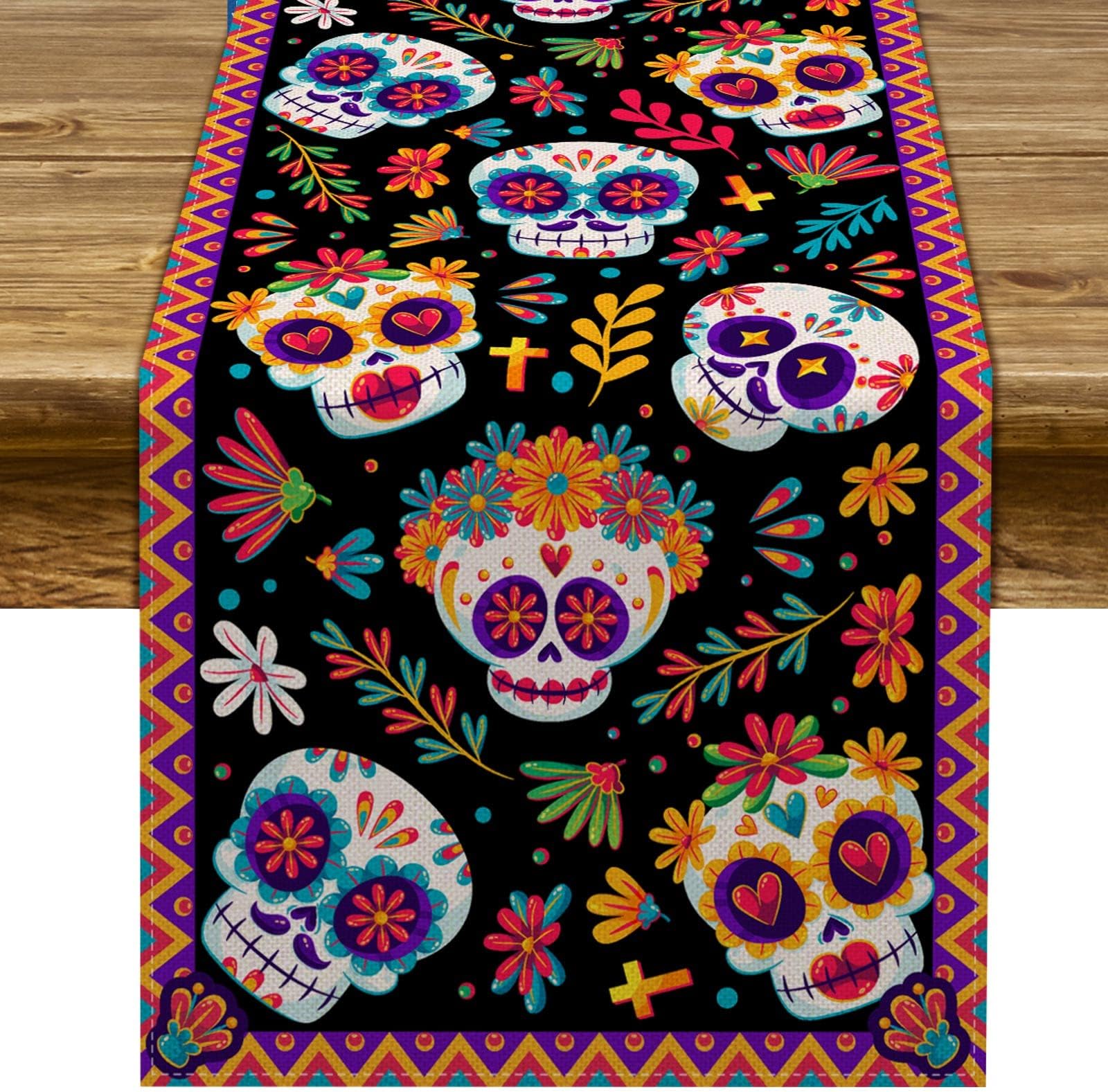 Pudodo Day of The Dead Table Runner Sugar Skull Dia De Los Muertos Mexican Festival Holiday Kitchen Dining Room Home Decoration (13" x 72")
