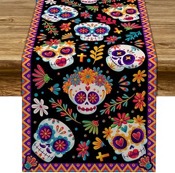 Pudodo Day of The Dead Table Runner Sugar Skull Dia De Los Muertos Mexican Festival Holiday Kitchen Dining Room Home Decoration 13" x 72"