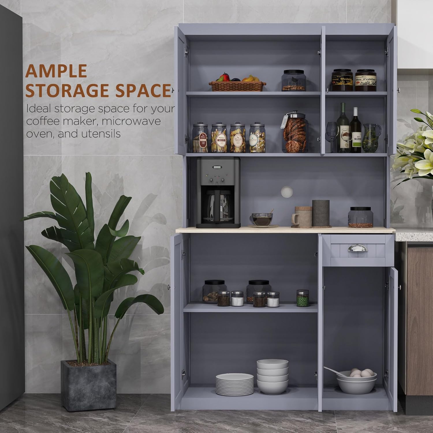 71" Black Modern Farmhouse Kitchen Pantry Storage Cabinet with Hutch