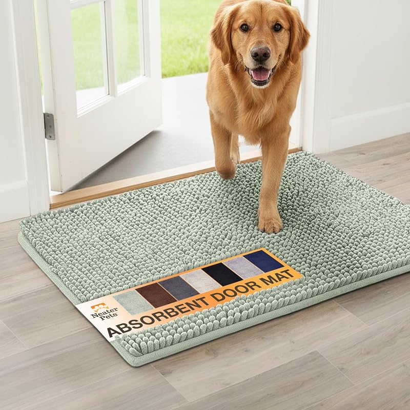 Tapete para Cães de Chenille Superabsorvente Neater Pets Muddy Paws, Antiderrapante e Lavável, Verde, 60,96 x 43,18 cm