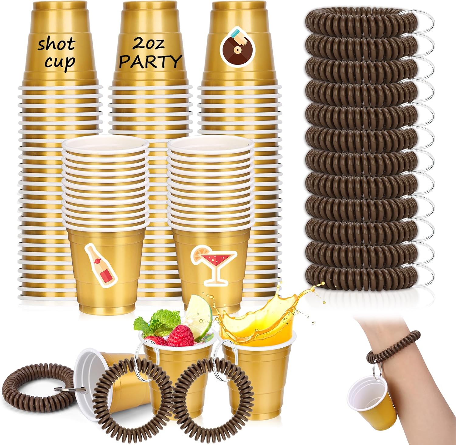 100 Pcs Gold Shot Cups with Wristband for Party 2oz Plastic Shot Glasses Disposable Mini Shot Glasses Bulk with Wrist Coil 2oz Solo Cups for Festival Birthday Favor Wedding Halloween Party Supplies