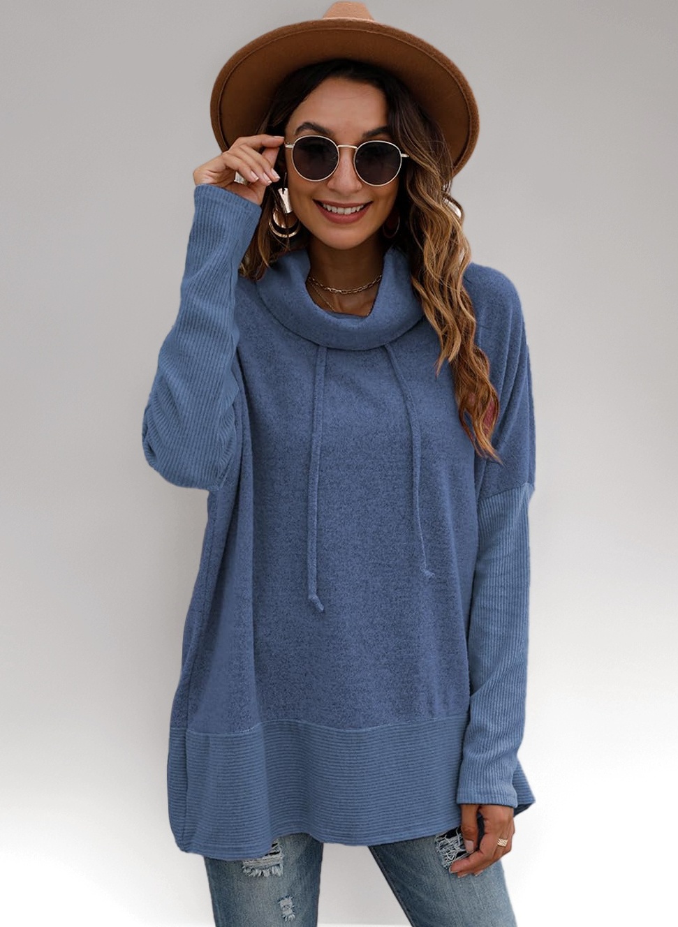 Famulily Oversized Hoodie Women Cowl Neck with Drawstring Sweatshirt Comfy Casual Pullover Tops Blue L-XL