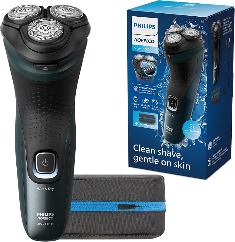 Máquina de afeitar eléctrica Philips Norelco 2600, verde bosque oscuro | 27 cuchillas autoafilables ComfortCut, cabezales flexibles 4D, uso en húmedo o en seco, vida útil de la cuchilla de 2 años, bolsa de viaje, X3052/91