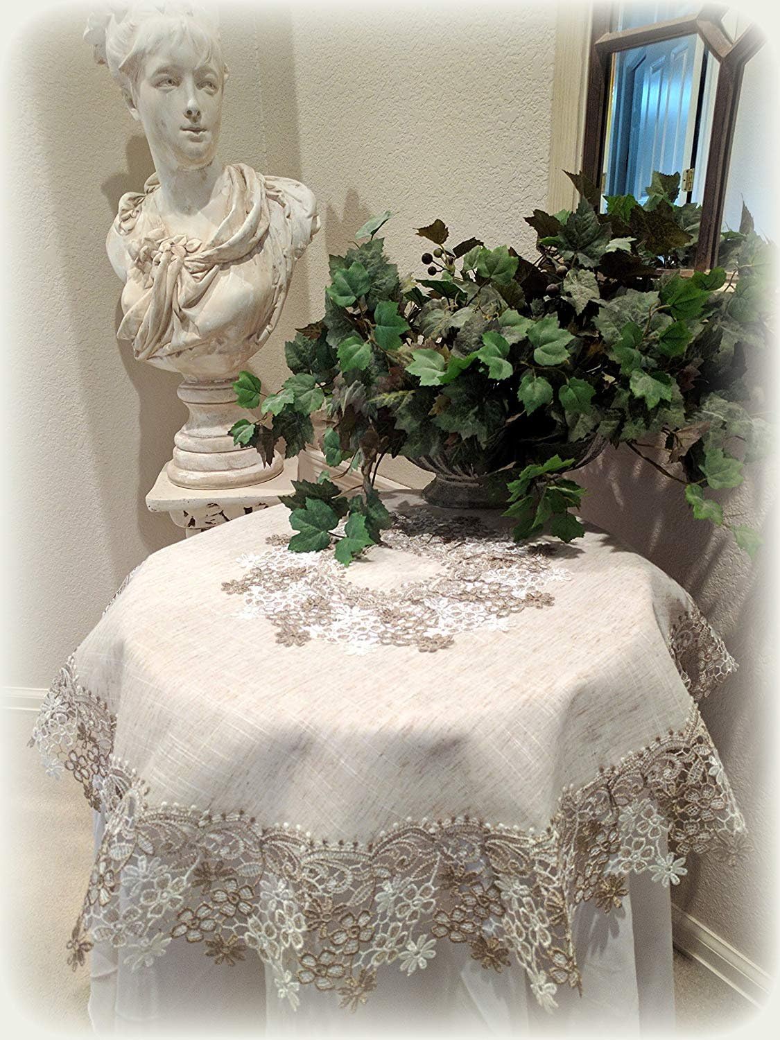 Galleria di Giovanni Table Topper Doily Sophisticated Floral Lace Round Dresser Scarf Neutral Earth Tones Tablecloth Round