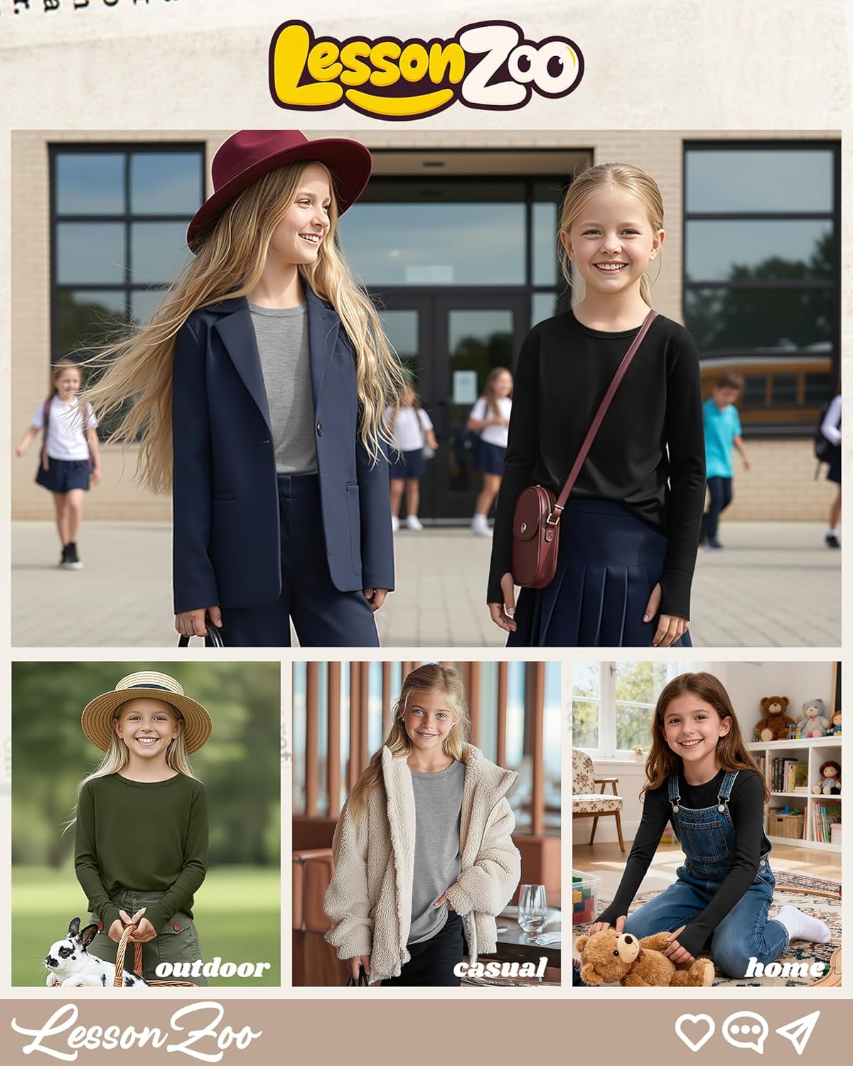 3 Pack Girls' Long Sleeve Shirts with Thumb Holes Cotton Crew Neck Layering Tees Casual Basic Soft Tops 5-14Y - Image 4