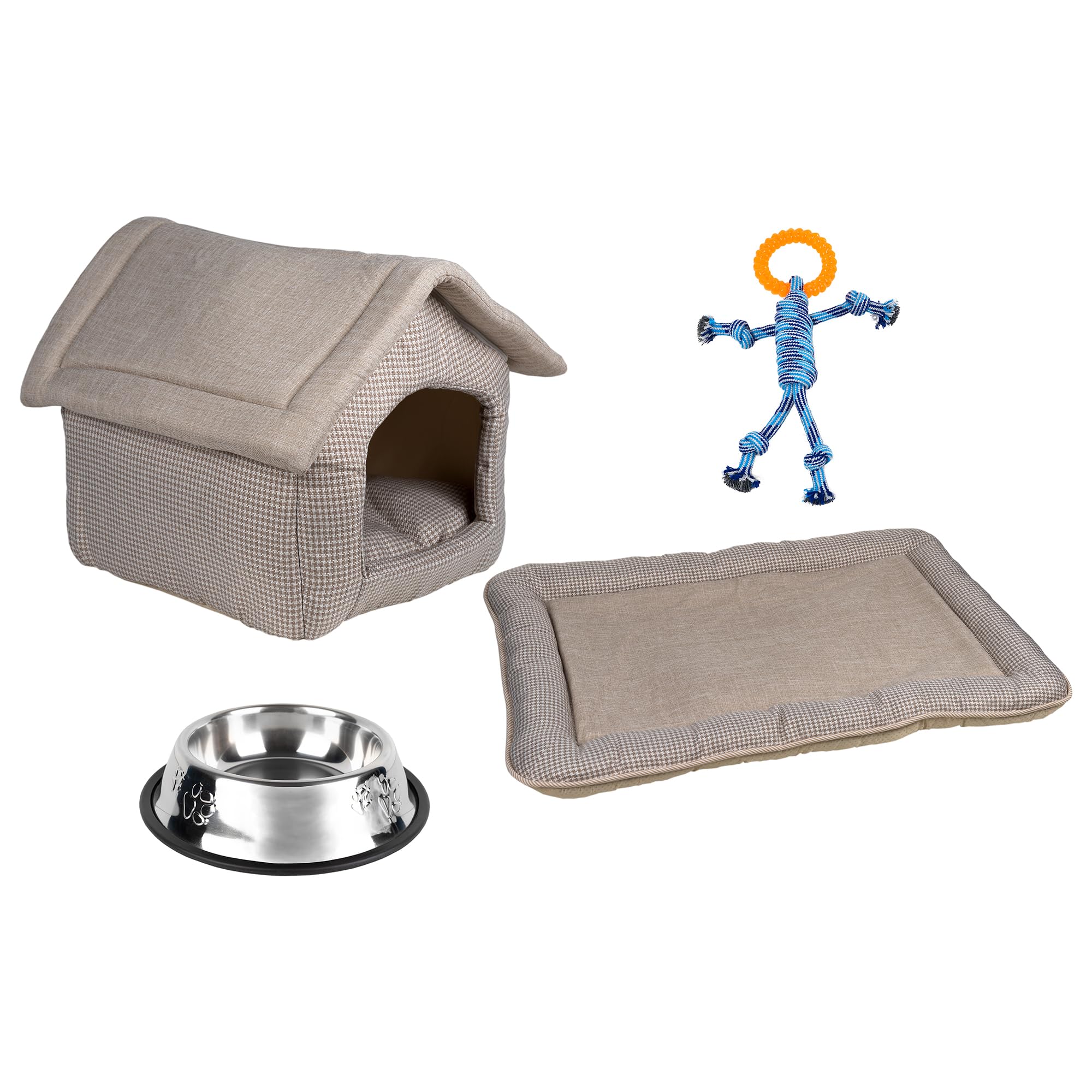 Cofan Set de Productos del hogar para Mascotas | Kit de 4 Accesorios para el Bienestar de Las Mascotas | Casa, Cama, comedero Bebedero y Juguete