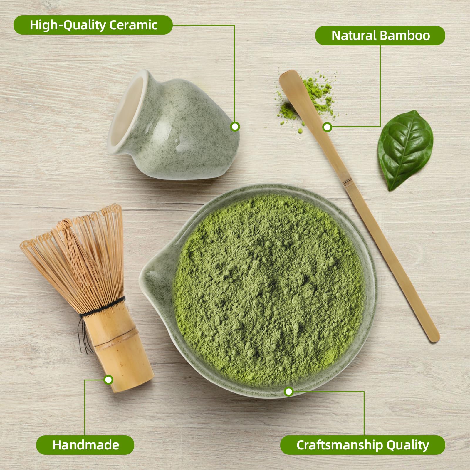 Zestaw do Matchy – Zestaw miotełek do Matchy – 4-częściowy zestaw do herbaty Matchy, miotełka, miska Matcha, Chasen i łyżeczka Matcha – Akcesoria do ceremonii herbacianej – Zielony