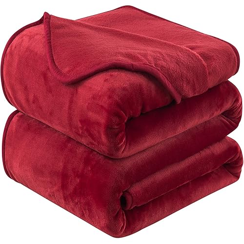 Flannel Fleece Queen Size Summer Blanket All Season 350GSM Lightweight Throw for The Bed Extra Soft Brush Fabric Winter Warm Sofa Blankets 90" x 90"(Burgundy Red Queen)