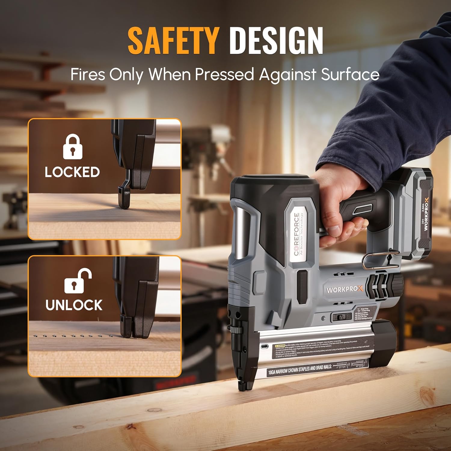 WORKPROX nailer demonstrating locked and unlocked safety contact tip