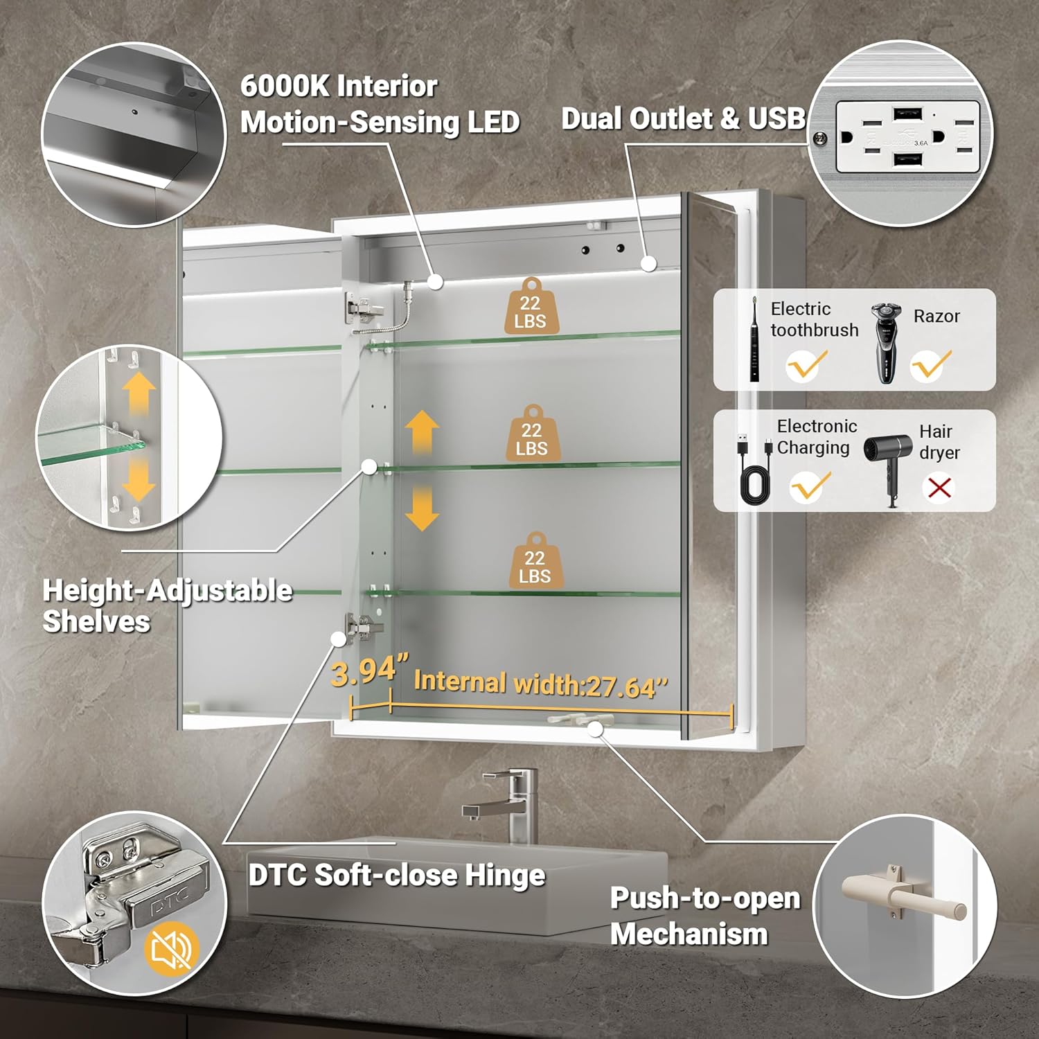 Interior view of the medicine cabinet showing adjustable glass shelves, motion-sensing LED light, dual outlet and USB ports, soft-close hinges, and push-to-open mechanism