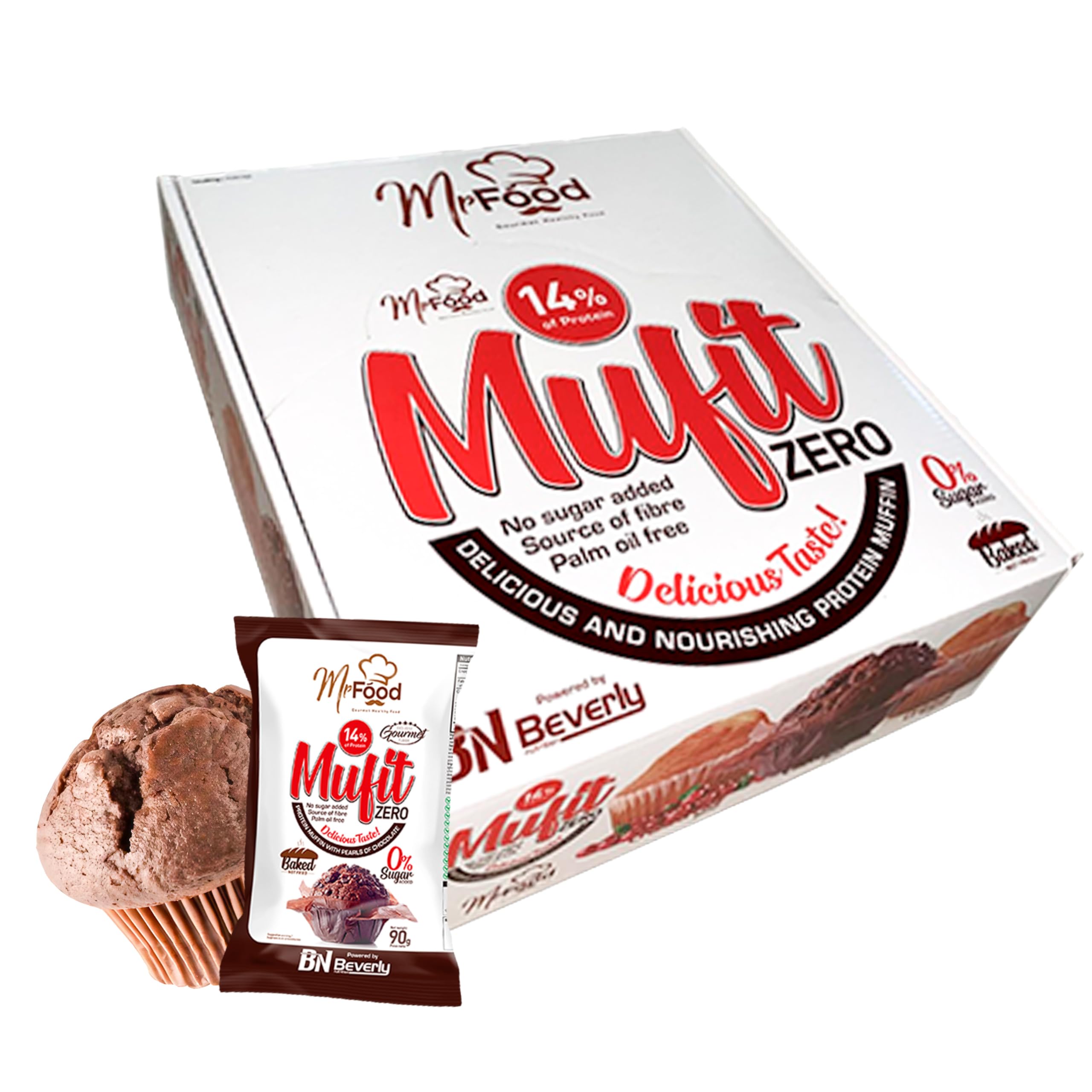 Beverly Mufit Zero 14% Proteína | 24 unidades de 45 gramos | Horneadas, sin azúcares añadidos ni aceite de palma | Fuente de proteína y fibra (CHOCOLATE)