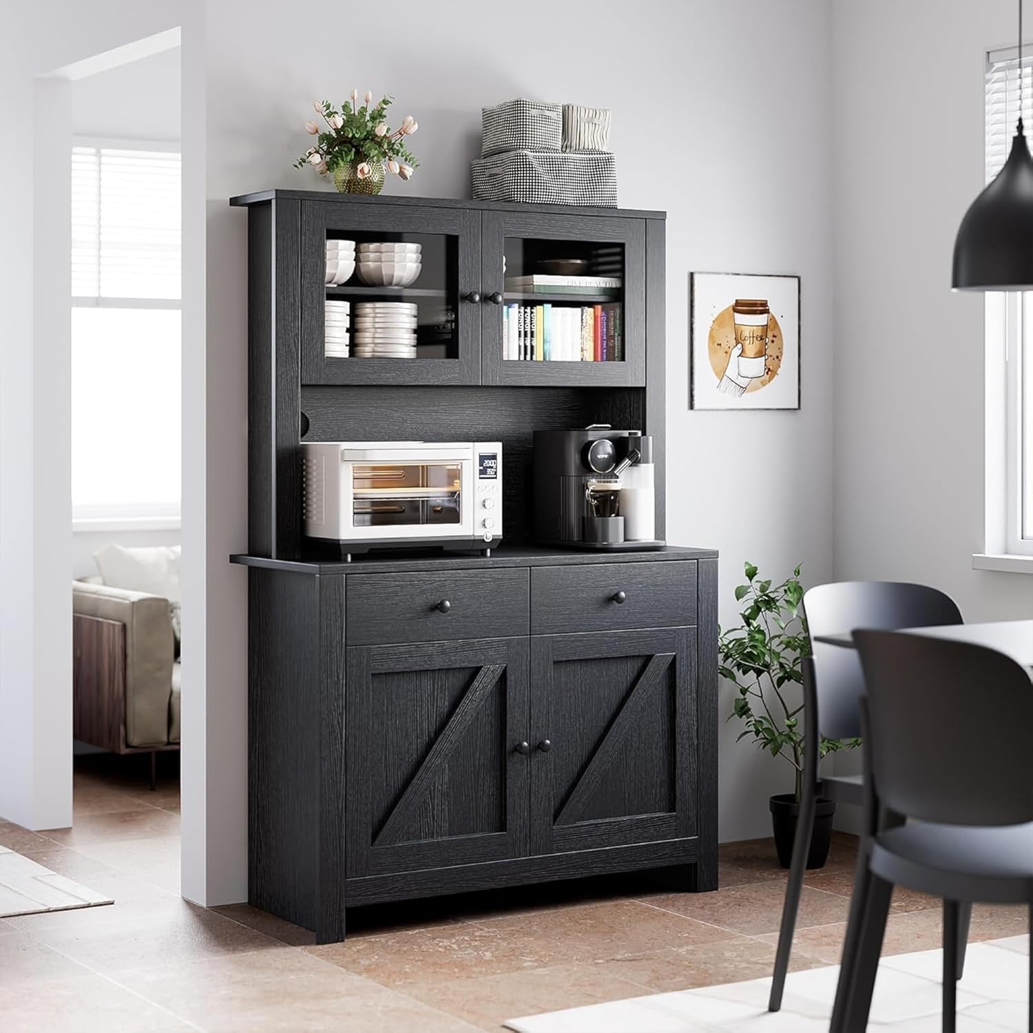IDEALHOUSE 63" Kitchen Pantry Cabinet with Drawers, Hutch Cabinet with Storage, Microwave Stand, Adjustable Shelves, Freestanding Tall Pantry Storage for Dining Room, Living Room, Black